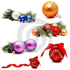 Collection of photos christmas decoration gold red blue silver balls with fir cones and fir tree branches isolated