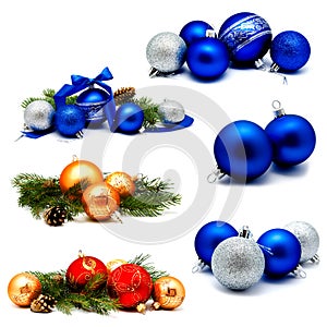 Collection of photos christmas decoration gold red blue silver balls with fir cones and fir tree branches isolated