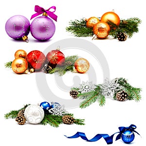 Collection of photos christmas decoration gold red blue silver balls with fir cones and fir tree branches isolated