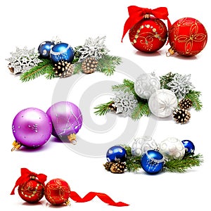 Collection of photos christmas decoration gold red blue silver balls with fir cones and fir tree branches isolated