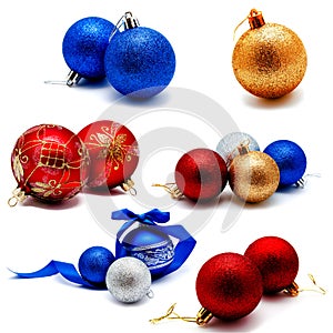 Collection of photos christmas decoration gold red blue silver balls isolated