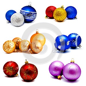 Collection of photos christmas decoration gold red blue silver balls isolated