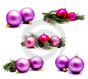 Collection of photos christmas decoration lilac magenta balls wi