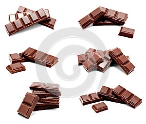 Collection of photos dark milk chocolate bars stack isolated