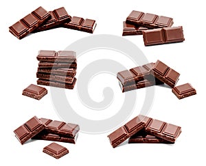 Collection of photos dark milk chocolate bars stack isolated