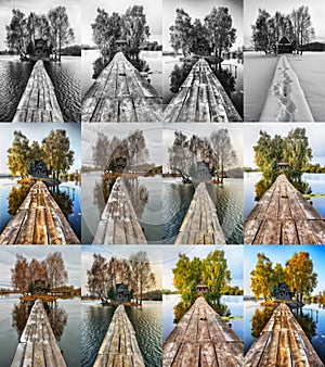 collection of photos of a fabulous hut on a small island. Collage of landscapes