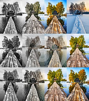 collection of photos of a fabulous hut on a small island. Collage of landscapes