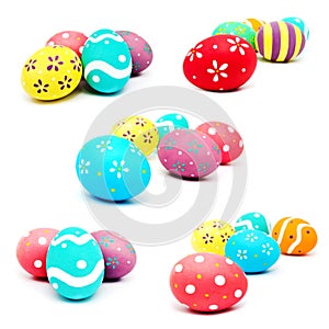 Collection of photos perfect colorful handmade painted easter eggs isolated