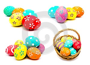 Collection of photos perfect colorful handmade painted easter eggs isolated