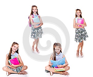 Collection of photos portrait of cute smiling happy little school girl child teenager with school bag backpack and books isolated