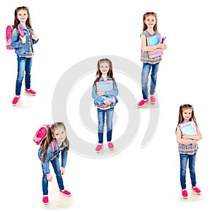Collection of photos smiling schoolgirl with backpack and books