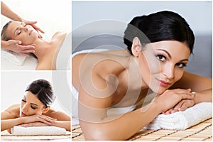 Collection of photos with women having different types of massage. Spa, wellness, healing, rejuvenation, health care and