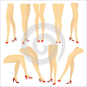 Collection. A picture with silhouettes of slender beautiful female legs in red high-heeled shoes. Different postures of legs when