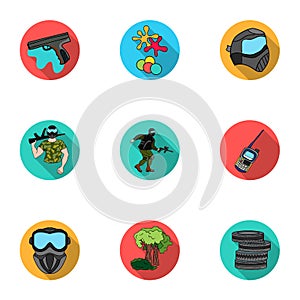 A collection of pictures about the game in paintball. The balloons with paint.Paintball icon in set collection on flat