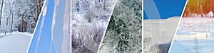 Collection of pictures winter season, web banner. Nature collage with seasonal scenics