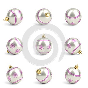 Collection of pink and silver christmas balls. White isolated. 3D render