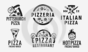 Collection of 6 pizza logo, emblems, labels and badges. Pizzeria, Pizza house, cafe, restaurant. Vector logo templates.