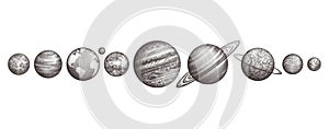 Collection of planets in solar system. Engraving style. Vintage elegant science set. Sacred geometry, magic, esoteric