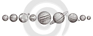 Collection of planets in solar system. Engraving style. Vintage elegant science set. Sacred geometry, magic, esoteric