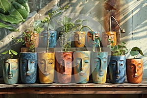 Collection of plant pots, adorned with a distinct human face, artistically painted and arranged on a rustic wooden shelf