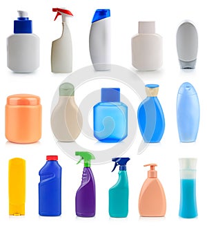 Collection of plastic and glass bottles photo