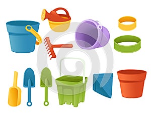 Collection of plastic toys bucket rake and shovel playing in sandbox or beach vector illustration on white background