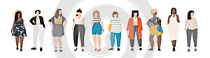 Collection of plus size women dressed in stylish clothing. Set of curvy girls wearing trendy clothes. Female cartoon