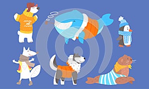 Collection of Polar Animals in Warm Clothes, Polar Bear, Wolf, Whale, Penguin, Dog, Husky, Fur Seal Vector Illustration