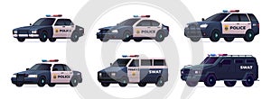 Collection of police cars of various types. City urban police car, van, suv, pursuit and swat truck