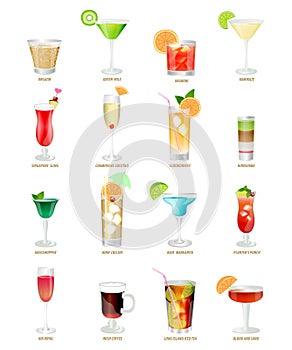 Collection of popular cocktails on a white background