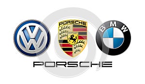 Collection of popular germany car logos: BMW, Porche, Volkswagen, vector illustration