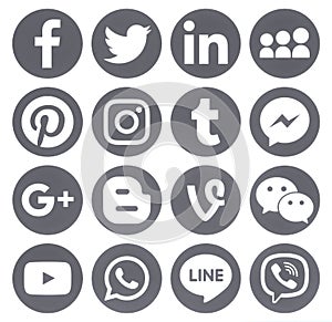 Collection of popular grey round social media icons