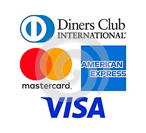 Collection of popular payment system logos: American Express, MasterCard, Visa and Diners Club International, on white background