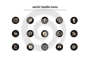 Collection of popular social media icons in black and gold