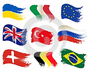 Collection of popular world flags, brush strokes painted flags, isolated on white background, vector illustration.