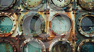 A collection of portholes each with a unique pattern of dents and dings. Some bear remnants of old paint while others