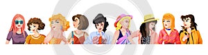 Collection of portraits of cute funny young stylish women. Set of modern female avatars. Flat cartoon vector