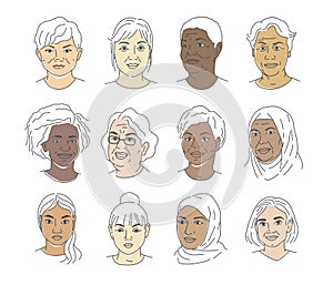 A collection of portraits of people of different nationalities and ages. Women of all races. Icons for user research
