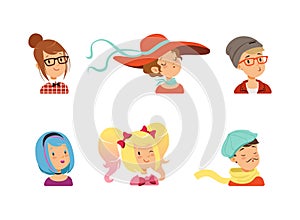 Collection of portraits of people. Male, female persons with different hairstyles, headwear and accessories vector