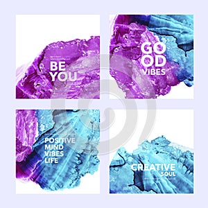 Collection of post template with abstract watercolor shapes. Set of colorful blue and pink vector ink illustrated squares.