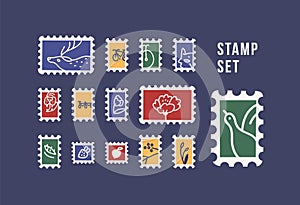 Collection of postage stamps with animals, birds, flowers and fruits isolated on dark background. Philately set. Bundle