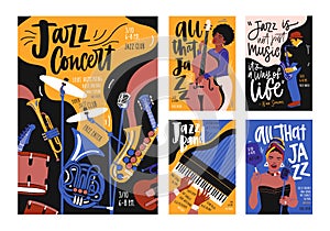 Collection of poster, placard and flyer templates for jazz music festival, concert, event with musical instruments