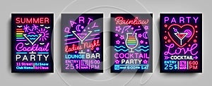 Collection posters Cocktail party neon. Flyer template design in neon style. Set flyers cocktail party invitation to