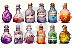 A collection of potion bottles with watercolor labels, illustrating a witch\'s enchanting concoctions. Generative Ai