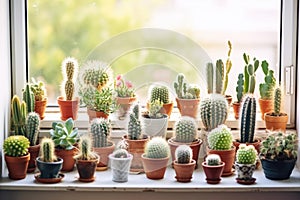 a collection of potted cacti on a sunny windowsill