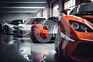Collection of powerful sport generic and unbranded cars in a modern garage, ai generative illustration