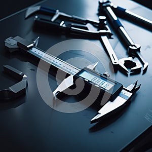 A collection of precision measuring tools, including calipers, micrometers, and dial indicators, arranged on a dark surface