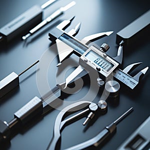 A collection of precision measuring tools, including calipers, micrometers, and dial indicators, arranged on a dark surface