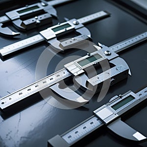 A collection of precision measuring tools, including calipers, micrometers, and dial indicators, arranged on a dark surface