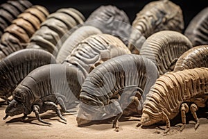 A collection of prehistoric trilobite fossils preserved for posterity in mud and shale.. AI generation